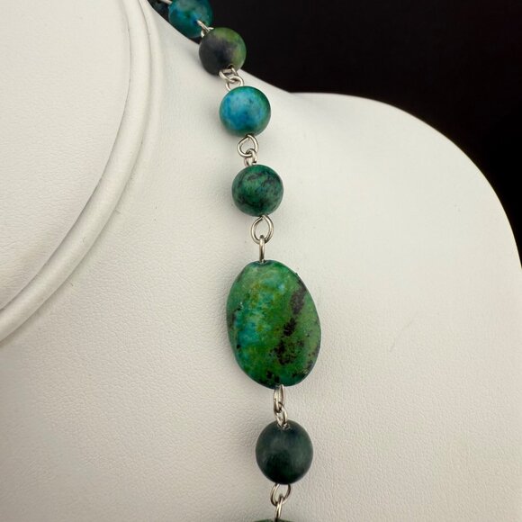 Green & Blue Stone Beaded Necklace With Lobster Clasp Handmade Gemstone Jewelry - Picture 4 of 7